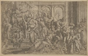 Sint Rochus links die aalmoezen uitdeelt aan een groep mensen om hem heen, na A..., ca. 1607 door Francesco Brizio