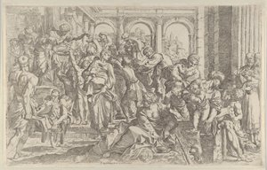 Sint Rochus links aalmoezen uitdelend aan een groep mensen om hem heen, ca. 1590-1600 door Francesco Brizio