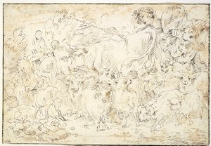 Herders met geiten, schapen, een koe en een herdershond door Francesco Castiglione
