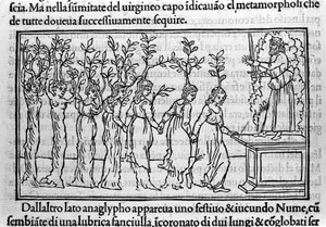 Gravure in “Hypnerotomachia Polyphili” (de droom van Poliphila) door Dominicaanse monnik Francesco Colonna, Venetië