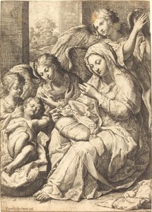 Maagd en engelen waken over de slapende baby Jezus door Francesco Cozza