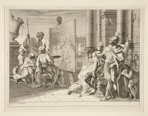 Apelles schildert Campaspe, de minnares van Alexander de Grote, een van een serie van acht prenten (Varii Baccanali et istorie) door Francesco Fontebasso