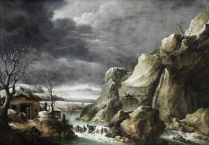 Reizigers naderen een schuur in een winters landschap, onder een stormachtige hemel