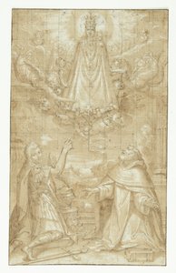 Een gekroonde Madonna met kind, omhangen met een mantel en zware kettingen, verschijnt in de wolken, omringd door engelen en cherubijnen, voor twee knielende heiligen; de een een soldaat die martelaar is, de ander een geestelijke (Hyacintus?). Een engel re door Francesco Francia