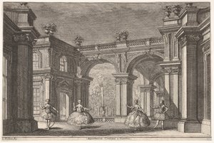 Twee dames en twee heren dansen in een sierlijke architecturale setting, een fontein op de achtergrond, 1765 door Francesco Galli Bibiena