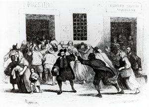 De plundering van de Bakkerij van krukken, episode uit Verloofden, door Alessandro Manzoni, illustratie door Francesco Gonin, editie 1840 door Francesco Gonin