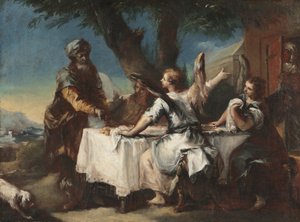 Abraham verwelkomt de drie engelen door Francesco Guardi