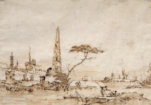Capriccio naast een Venetiaanse Lagune met een Obelisk en Leeuw buiten de Muren van een Versterkte Stad door Francesco Guardi