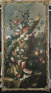 Bloemen in een Gesneden Urn, met Meloenen en Papegaai
