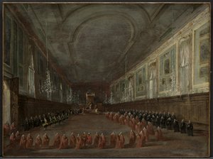 Paus Pius VI daalt van de troon om afscheid te nemen van de Doge in de hal door Francesco Guardi