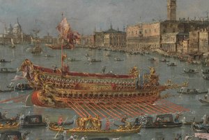 Het Bucintoro Festival van Venetië. Het Bacino di S. Marco met de Bucintoro, de staatsboot van de Doge, op Hemelvaartsdag (detail)