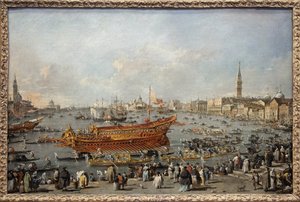 Het vertrek van de Bucentaurus naar het Lido van Venetië op Hemelvaartsdag, de Doge neemt deel aan het grote evenement van de Hemelvaartsvieringen, het huwelijk van Venetië met de Adriatische Zee ter herdenking van de verovering van Dalmatië in de 14e eeuw door Francesco Guardi