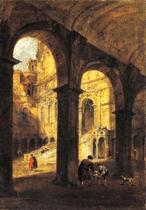 Uitzicht op de binnenplaats van het Palazzo Ducale en de Reuzentrap (Scala dei Giganti), in Venetië, ca. 1780, door Francesco Guardi (1712-1793), olieverf op doek, 26x39 cm door Francesco Guardi