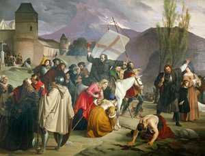 Peter de Kluizenaar op witte muilezel met kruisbeeld in zijn hand, predikend over de Kruistocht door Francesco Hayez