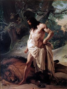 Simson kijkt naar de leeuw die hij net met blote handen heeft gedood door Francesco Hayez