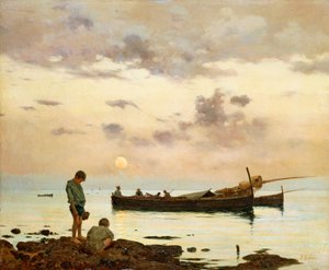 Marina met vissersboot en jongens, door Francesco Lojacono, olieverf op doek door Francesco Lojacono