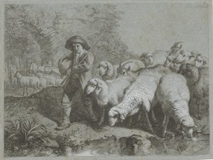 Herder met kudde schapen en geiten door Francesco Londonio