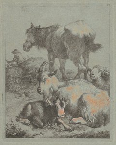 Paard, ram, geit met jong, in de verte een herder met kudde door Francesco Londonio