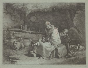 Interieur van een stal met een zittende spinster en slapend kind door Francesco Londonio