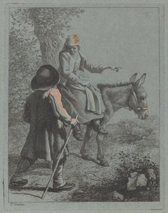 Boerin zittend op een ezel en een boer