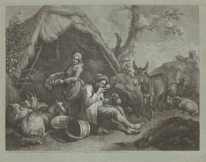 Zittende oude man en vrouw met een mand eieren, 1759-1782 door Francesco Londonio