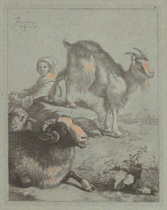 Zittende Herderin, een Ram, een Schaap en een Geit door Francesco Londonio