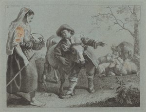 Herder wijst de richting aan een herderin door Francesco Londonio