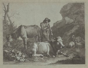Herder Rustend op een Wandelstok met een Oud Paard en een Liggende Stier door Francesco Londonio