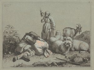 Slapende Boer en Staande Spinner, 1763 door Francesco Londonio