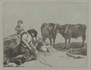 Slapende herder, twee kalveren en een boerin door Francesco Londonio