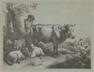 Staande Koe en een Herderjongen met Kudde