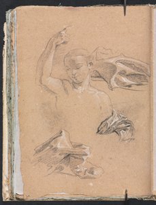 Verona Schetsboek: Figuur met opgeheven rechterarm en draperiestudies (pagina 68) door Francesco Lorenzi