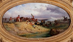 Risorgimento: De Italiaanse patriot Giuseppe Garibaldi steekt de Volturno-rivier over. Scène van de Slag bij Volturno tijdens de expeditie van de Duizend in oktober 1860. Schilderij door Francesco Mancini. Napels, Museo Nazionale