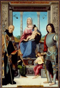 De Maagd en het Kind omringd door Sint Benedictus van Nursie en Sint Quentin met twee engelen door Francesco Marmitta