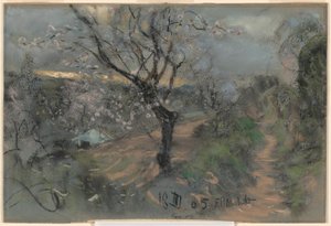 Een heuvelpad met bloeiende kersenbomen onder een bewolkte hemel door Francesco Paolo Michetti