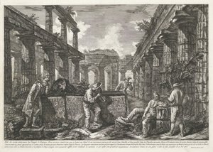 Titelprent met resten van de Tempel van Neptunus te Paestum met titel op blokken door Francesco Piranesi