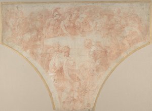 Appel van onenigheid gegooid door Eris bij het huwelijk van Peleus en Thetis: Studie voor fresco..., 1504-70 door Francesco Primaticcio
