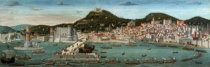 Tavola Strozzi. Uitzicht op Napels, de vloot van de Aragonezen vaart op 12 juli 1465 de haven binnen