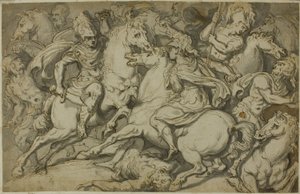 Cavalerie schermutseling (recto); knielende Ecorché (verso) door Francesco Salviati
