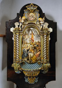 Grote wijwaterbak in beschilderde majolica met centrale scène uit schilderij Aanbidding der Wijzen door Francesco Solimena (1657-1747), Italië, 20e eeuw door Francesco Solimena