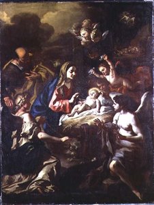 Geboorte met aanbiddende engelen en aankondiging aan de herders door Francesco Solimena