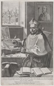 Kardinaal Roberto Bellarmino aan zijn bureau, schrijvend, 1604 door Francesco Villamena