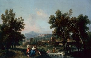 Een bebost landschap met wasvrouwen bij een rivier