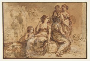 Fünf junge Frauen in einer Landschaft door Francesco Zuccarelli