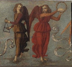 Engelen die tamboerijn en driehoek spelen (detail) door Francesco attr. to Botticini