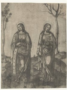 Heiligen Catharina met gebroken wiel en Lucia met ogen op schaaltje door Francesco di Francia (attributed to)