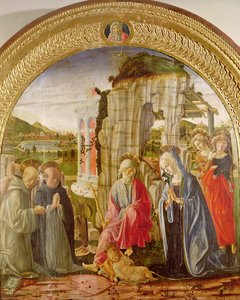 Aanbidding van het Kind door St. Ambrosius en St. Bernardus door Francesco di Giorgio Martini