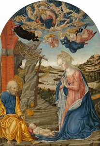 De geboorte van Christus, met God de Vader omringd door engelen en cherubijnen