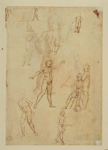 Figuurstudies. Pen en bruine inkt, metalen punt Roze gekleurd papier ... door Francesco di Simone (attr. to)