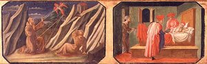 St. Franciscus van Assisi ontvangt de stigmata, SS. Cosmas en Damian genezen een zieke man; kopieën van originele panelen die deel uitmaken van de predella van de Madonna en Kind op de Troon door Filippo Lippi door Francesco di Stefano Pesellino